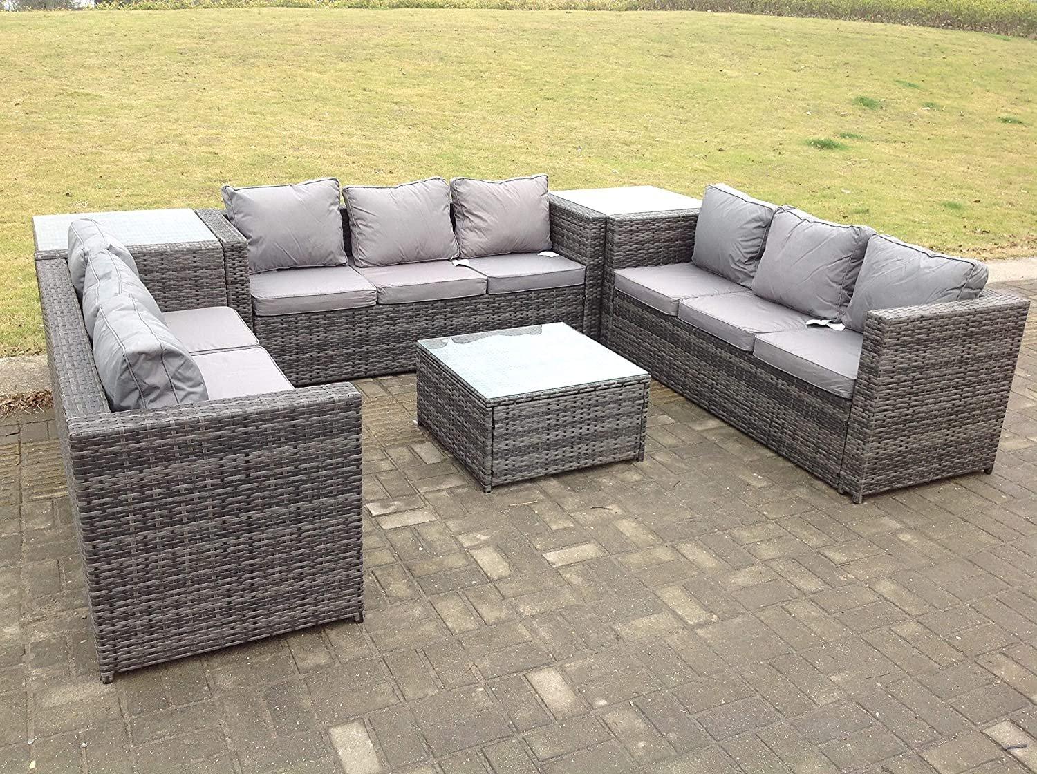 Patio 9 Seater U Shape Rattan Sofa Set Patio Outdoor Garden Furniture With 3 Coffee Table Dark Grey 